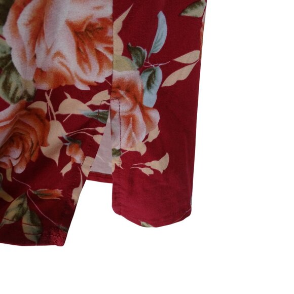 Floral Red Midi Dress With Elastic Waist Women Size L Short Sleeve Pocket FLAW - Picture 4 of 12
